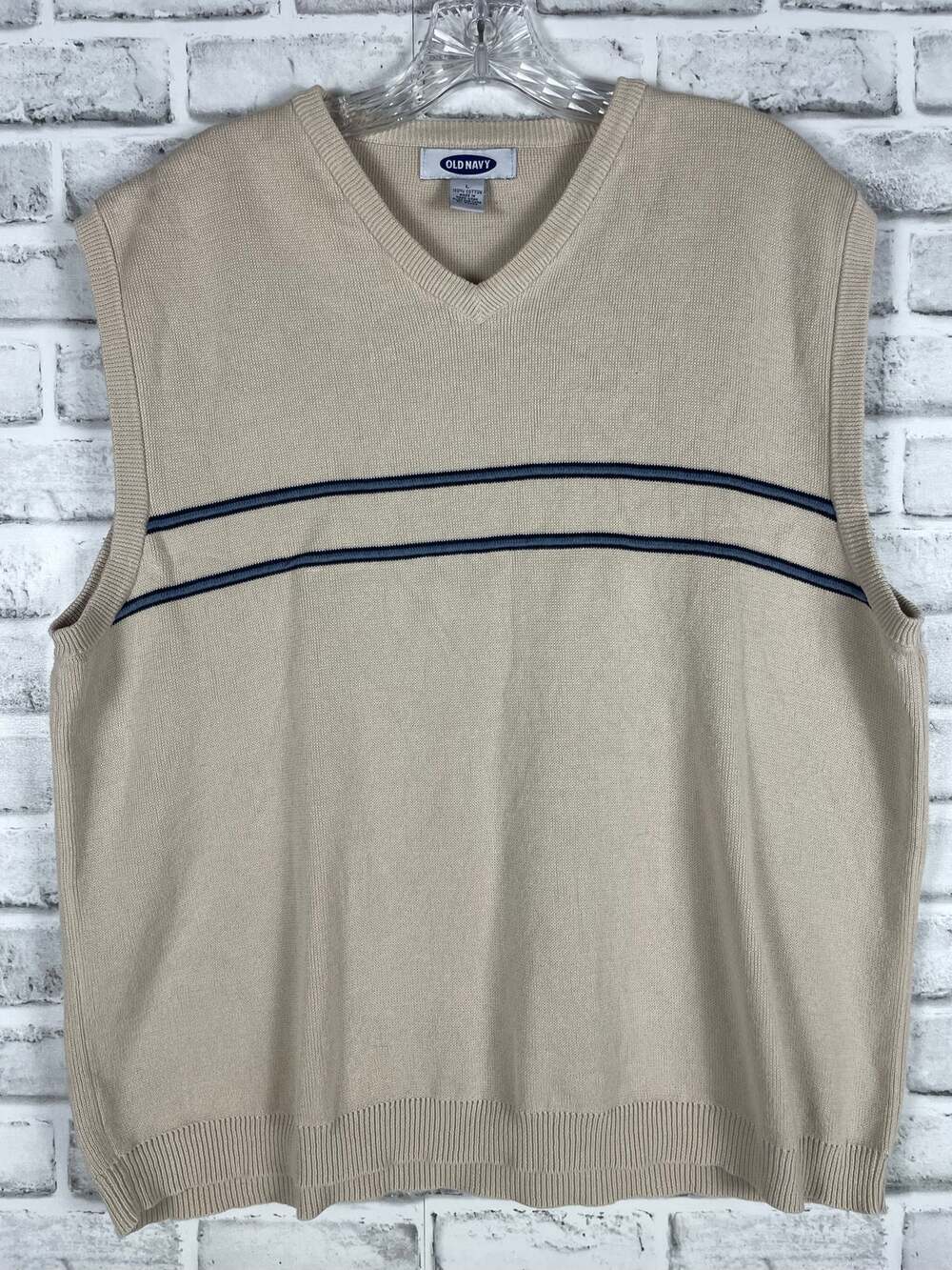 Vintage Old Navy Sweater Vest Mens Large Beige Striped V Neck 90s Cotton 1999